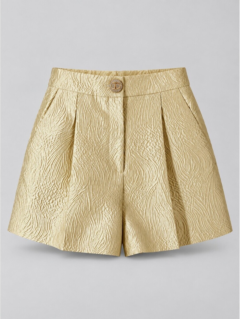 TWINSET Milano Gold Brocade Jacquard Pleated Shorts Jewel Button